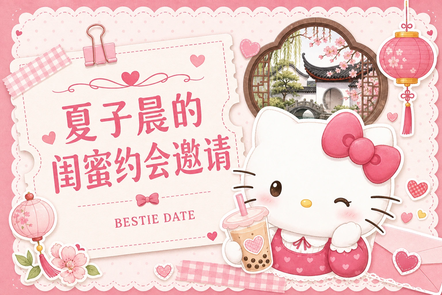夏子晨的闺蜜约会邀请，粉色 Hello Kitty 与苏州园林主题